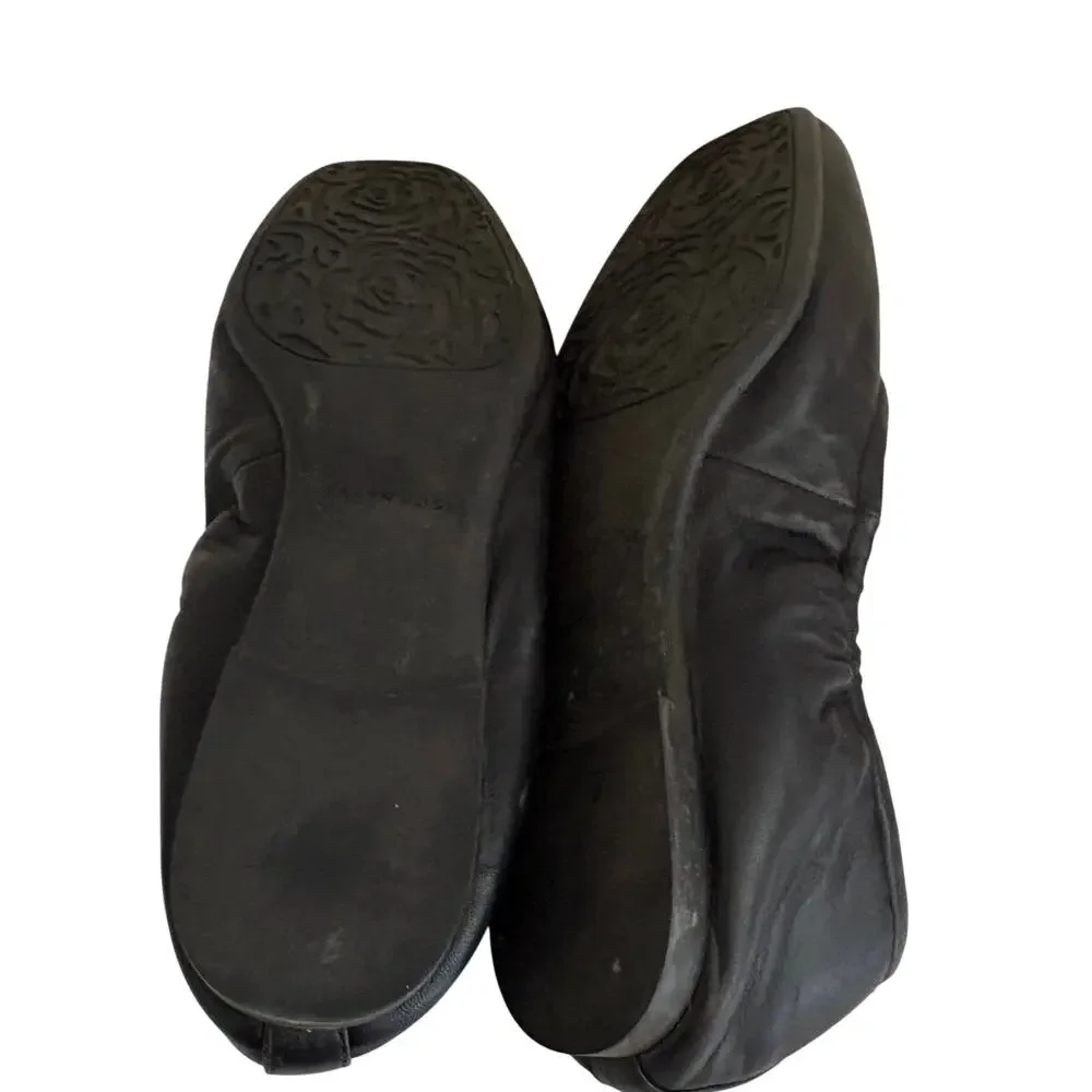 Taryn Rose Rosalyn Black Napa Leather Flower Ballet Flats Shoes Feminine